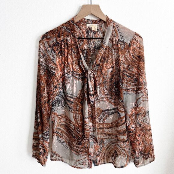 Meadow Rue Anthropologie Top Womens Medium Paisley Peasant Blouse Sheer‎ Boho - Picture 1 of 16